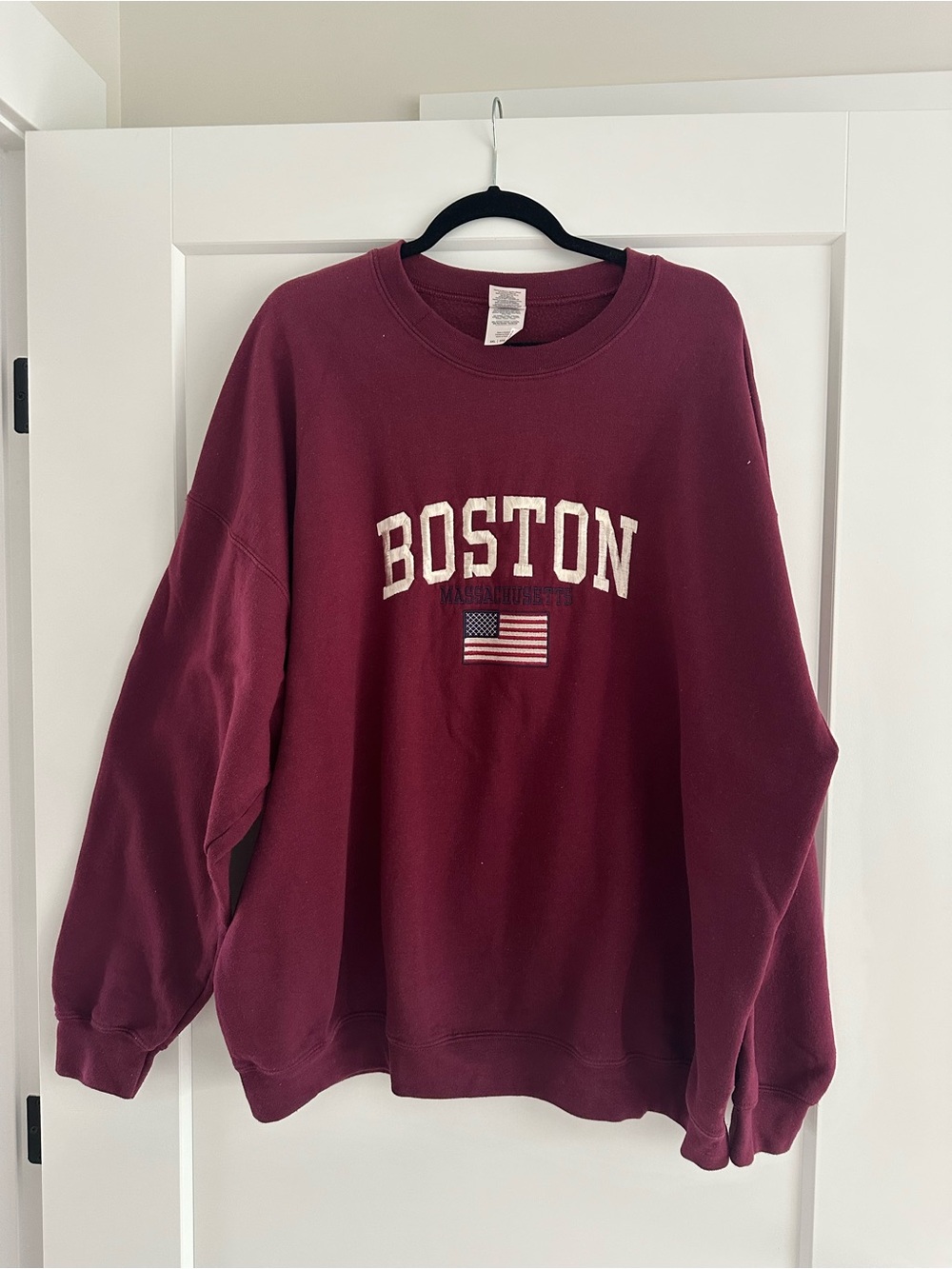 Gildan Boston Crewneck Sweatshirt in Burgundy with Flag Patch
